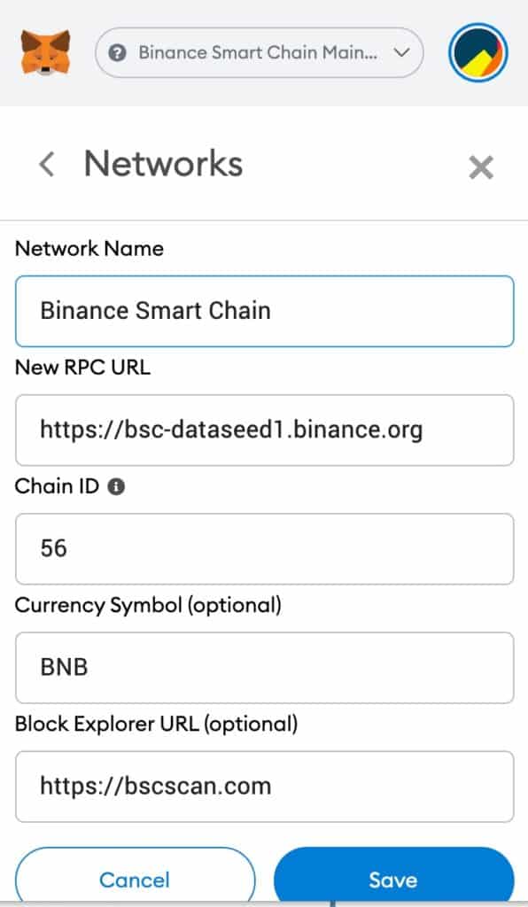 binance smart chain network add to metamask